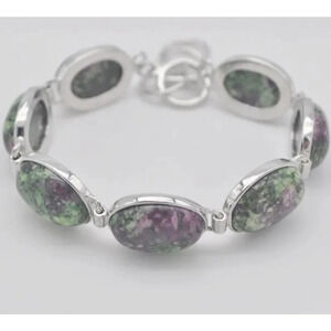 Women's Pink Green Zoisite Gemstone Sterling Silver Bracelet Adjustable